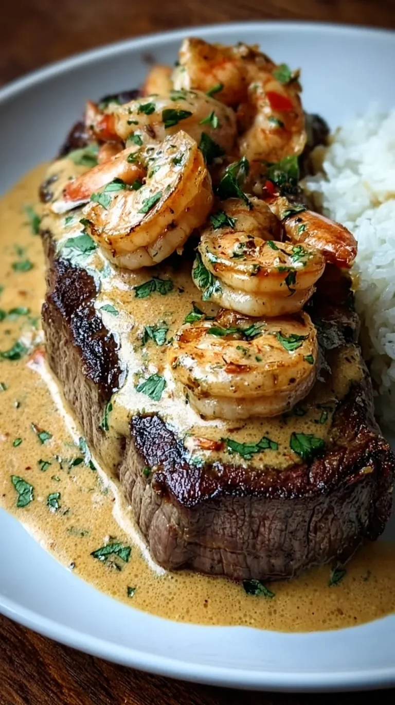 Pan-seared ribeye steak topped with creamy Cajun shrimp sauce and parsley