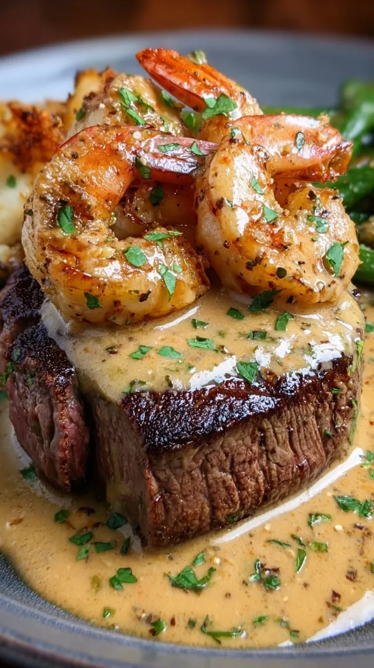 Pan-seared ribeye steak topped with a creamy Cajun sauce and sautéed shrimp in a cast iron skillet.