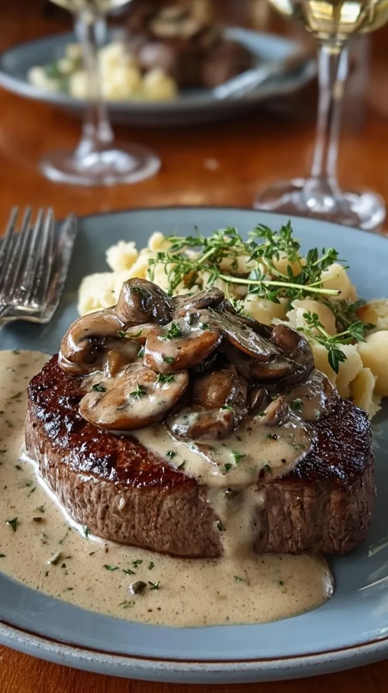 Pan-seared ribeye steak topped with a creamy mushroom and white wine sauce in a cast iron skillet.