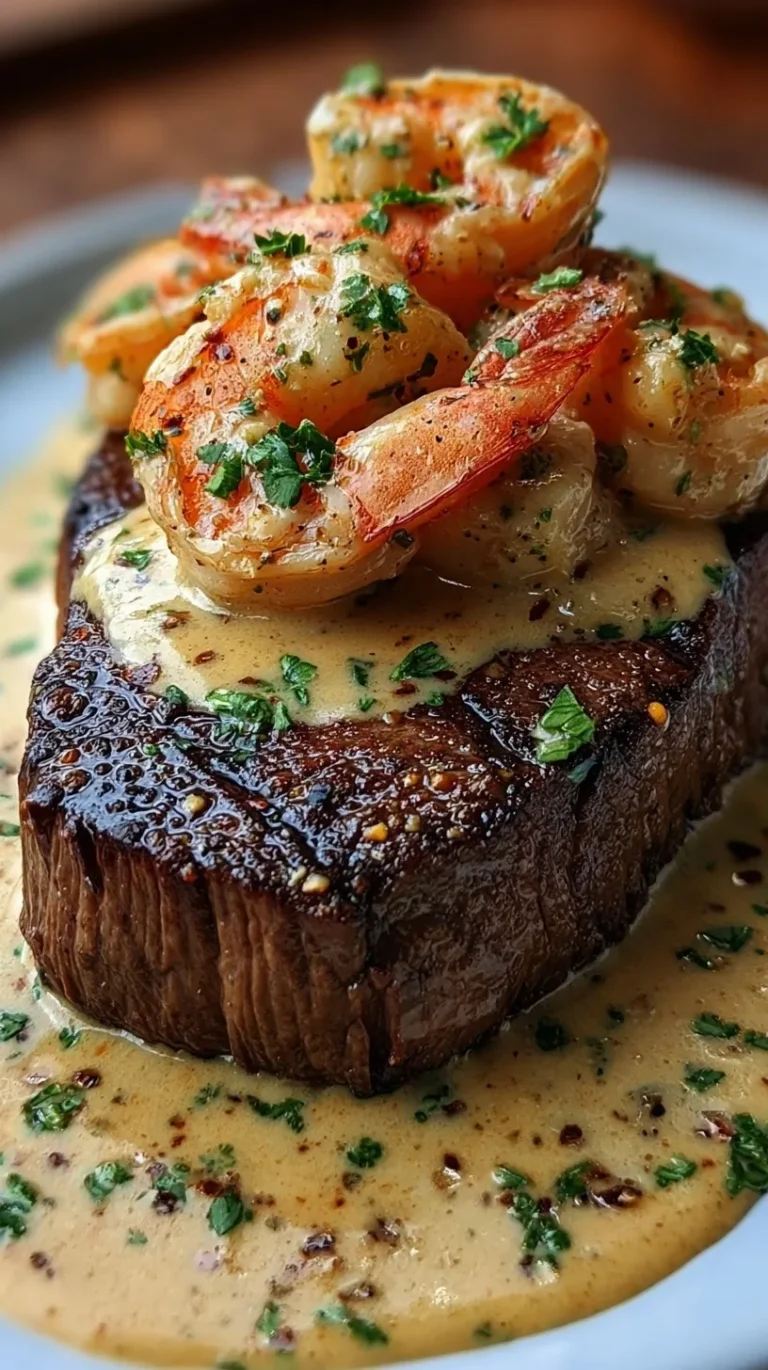 Pan-seared ribeye steak topped with a rich garlic cream sauce and sautéed shrimp