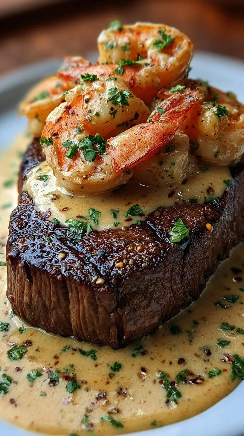 Pan-seared ribeye steak topped with a rich garlic cream sauce and sautéed shrimp