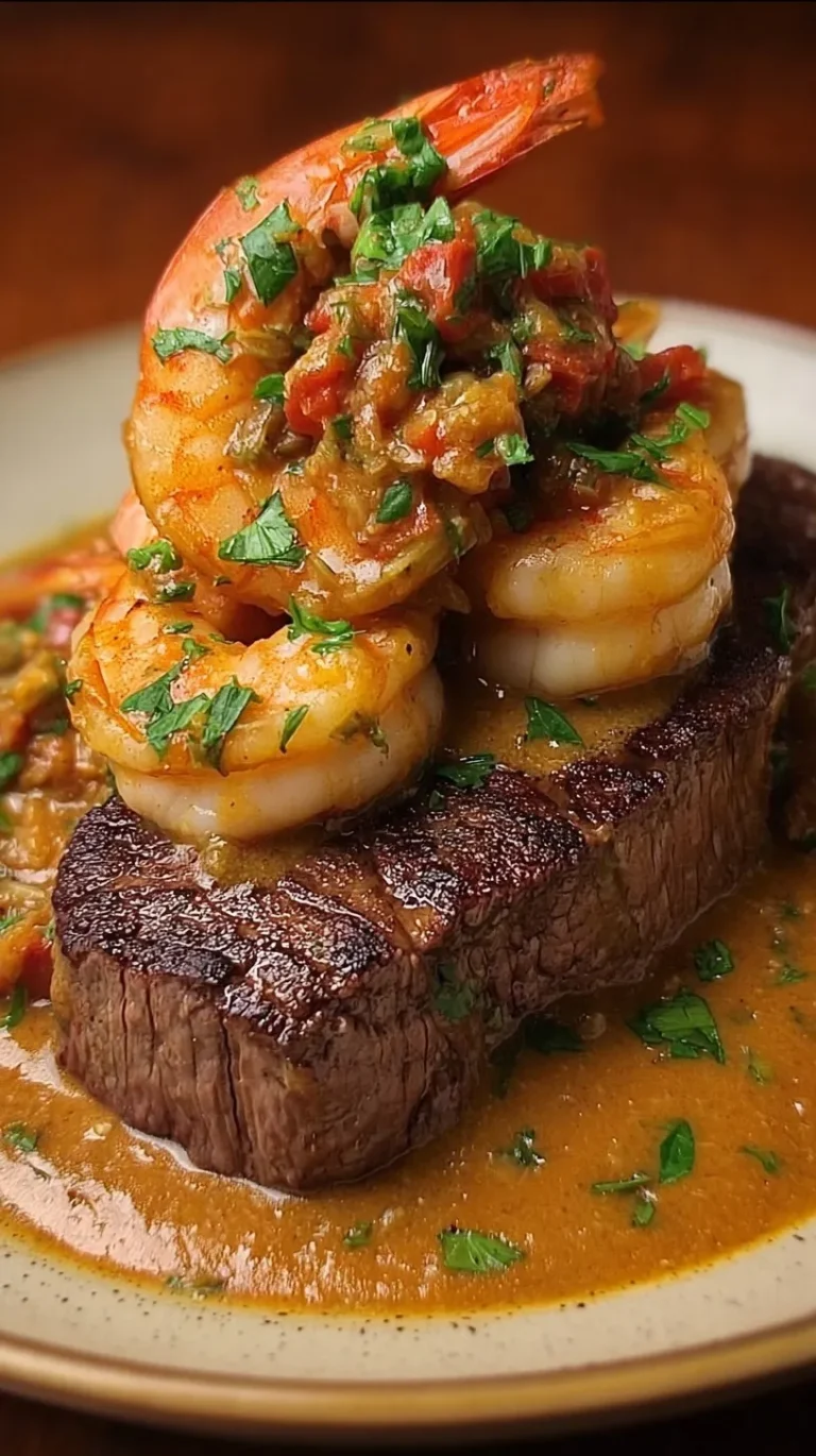 Pan-seared filet mignon topped with creamy shrimp and lobster sauce on a white plate