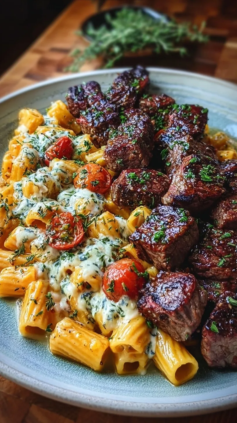 Juicy garlic butter steak bites served over cheesy rigatoni pasta with melted mozzarella and bacon
