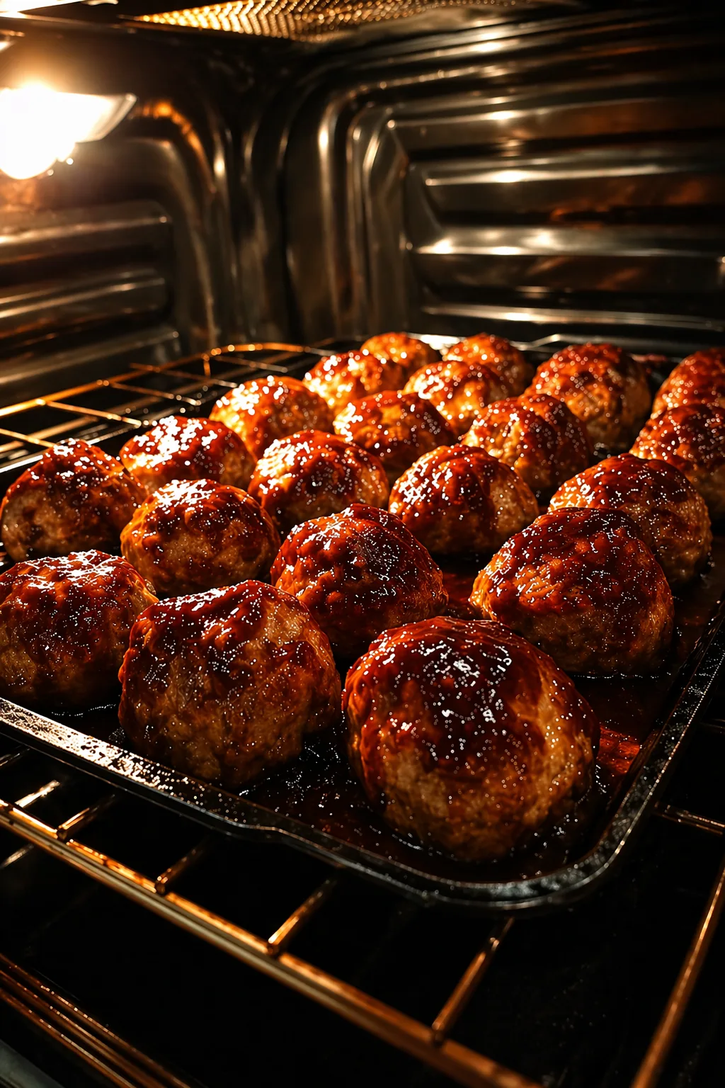 oven baked bbq meatballs coated in sticky barbecue sauce on a baking tray