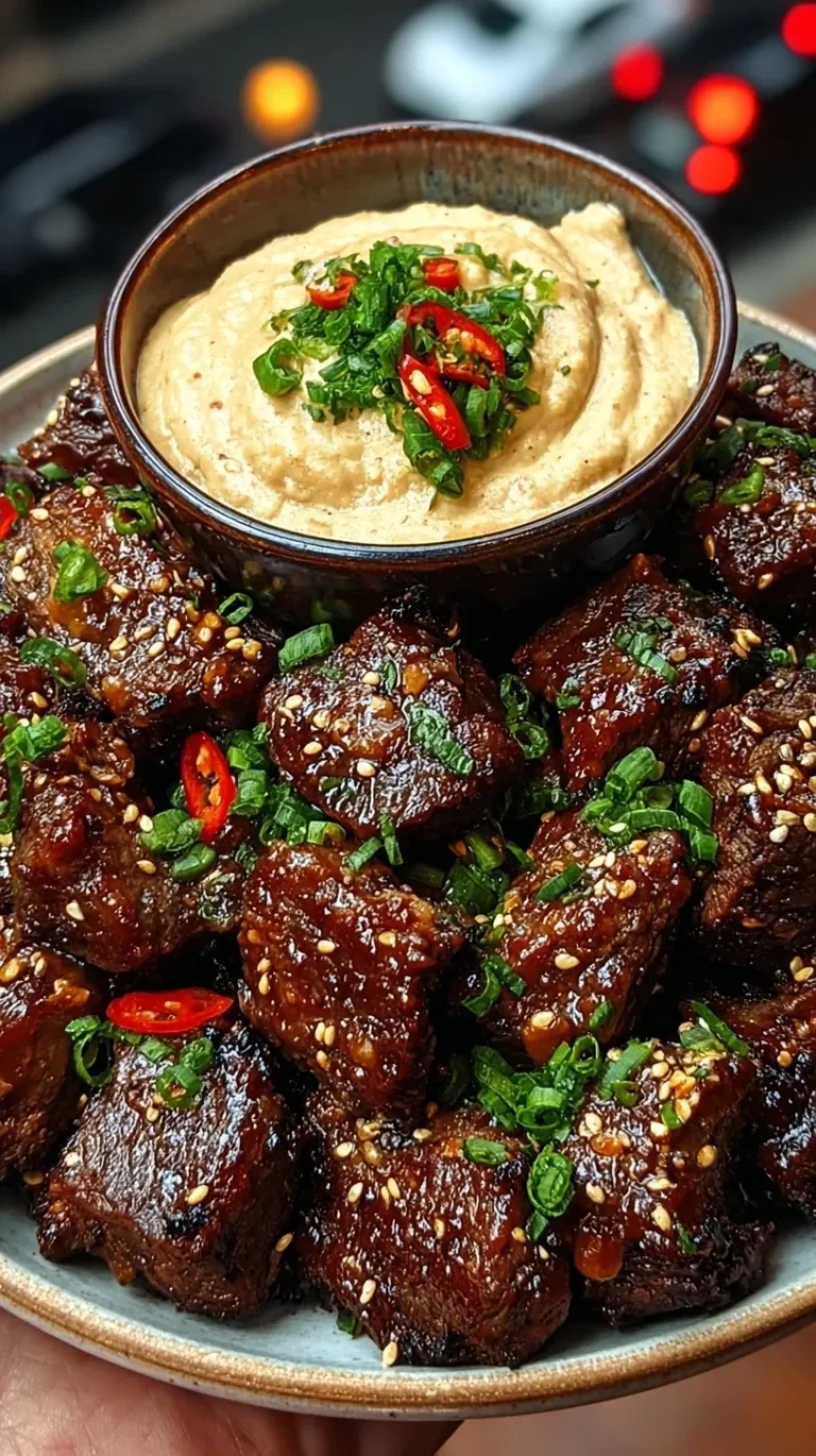 Glazed garlic soy beef bites on a platter with green onions and a side of spicy mayo dip.
