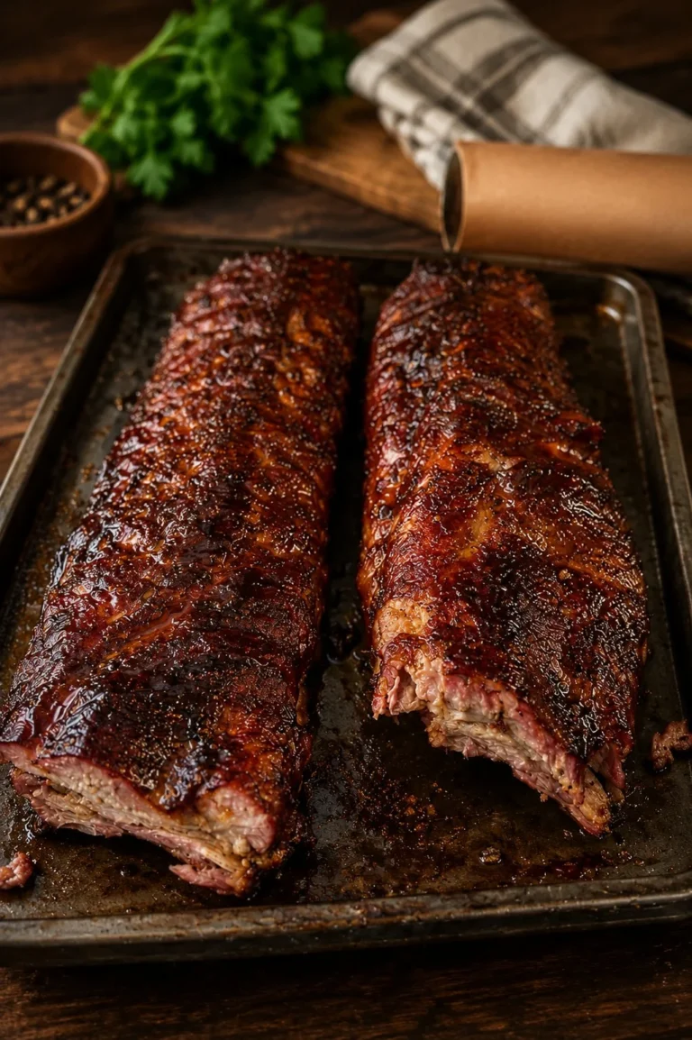 Sticky honey BBQ baby back ribs served on a grill with fresh herbs