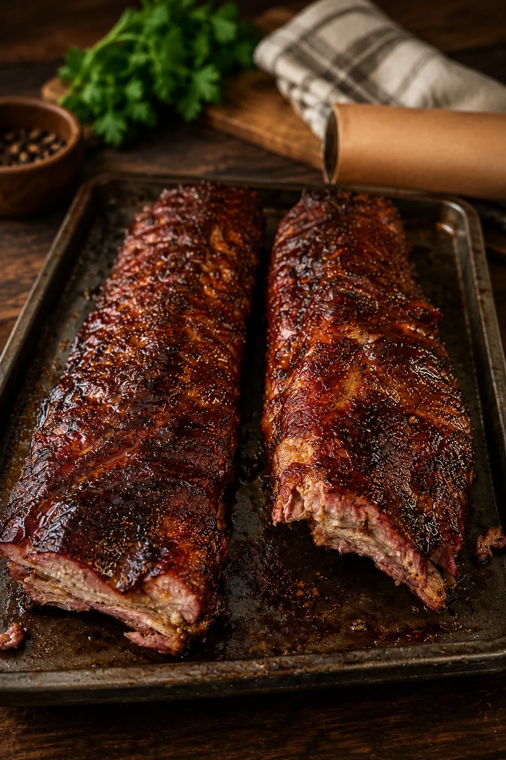 Sticky honey BBQ baby back ribs served on a grill with fresh herbs