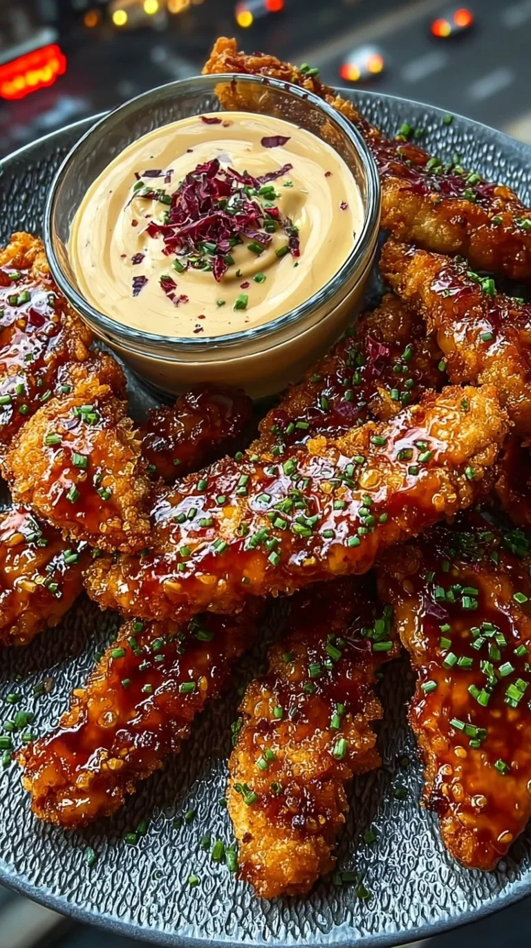 Crispy golden honey butter chicken strips on a platter with a side of creamy chili dip