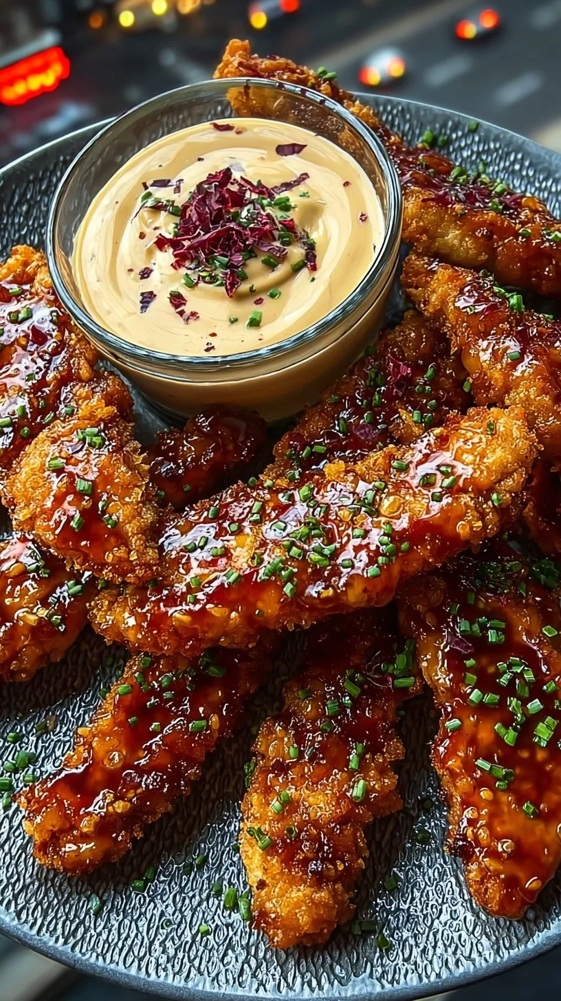 Crispy golden honey butter chicken strips on a platter with a side of creamy chili dip