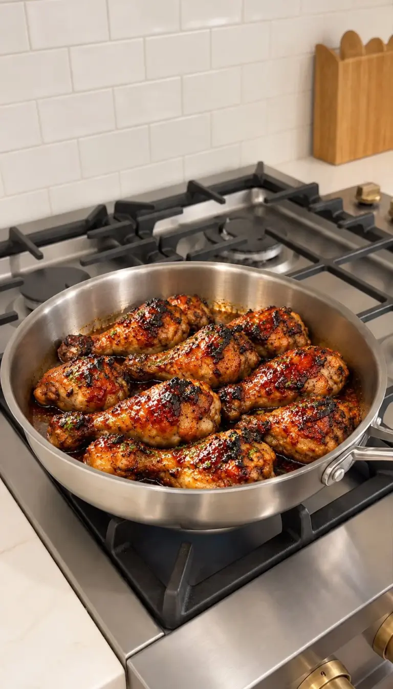 Sticky honey garlic chicken drumsticks glazed with a rich sauce