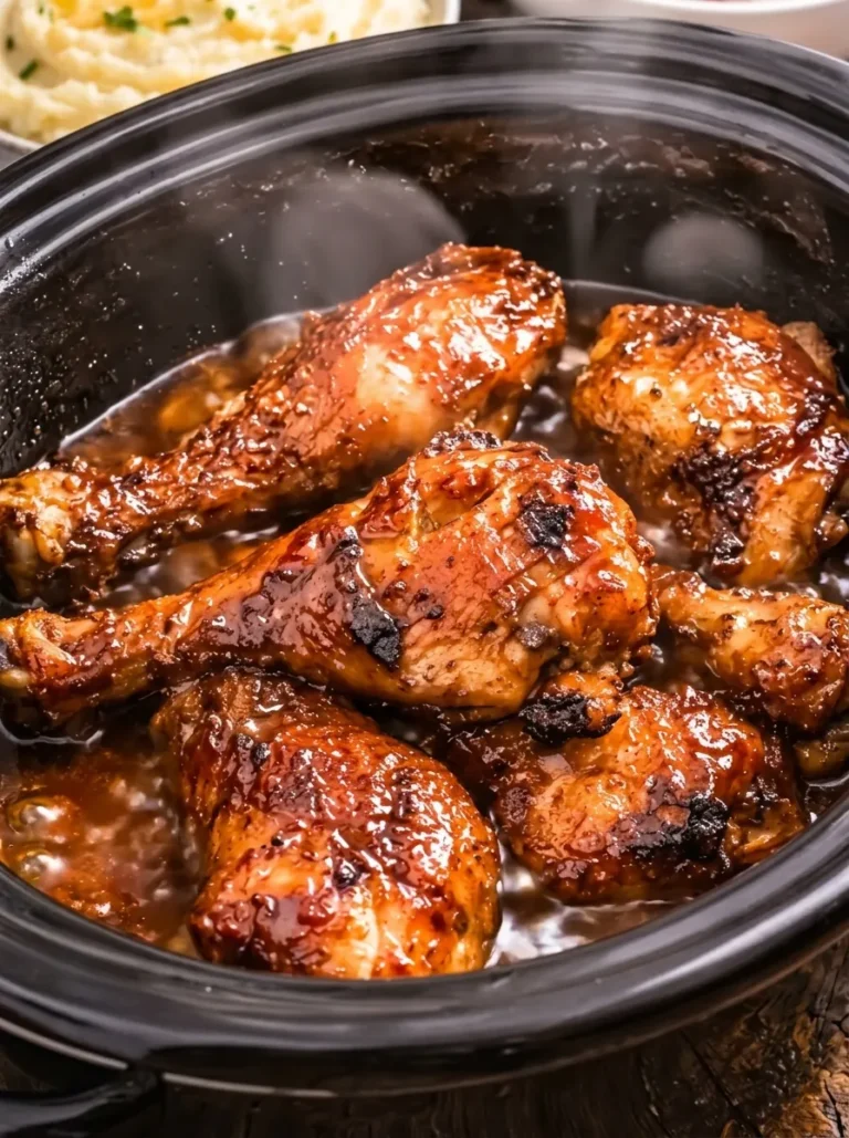 This evocative vertical photograph captures the bubbling, glossy perfection of our slow cooker honey garlic drumsticks. The focus is on the rich, dark glaze as it clings to the tender, seared chicken skin, while the rising steam promises a meal that is fresh and inviting. Surrounded by classic sides like buttery mashed potatoes and fresh green beans, this image perfectly represents a stress-free, one-pot feast. It’s the ideal visual to showcase a traditional Spring recipe that brings gourmet warmth to your table with minimal active effort.