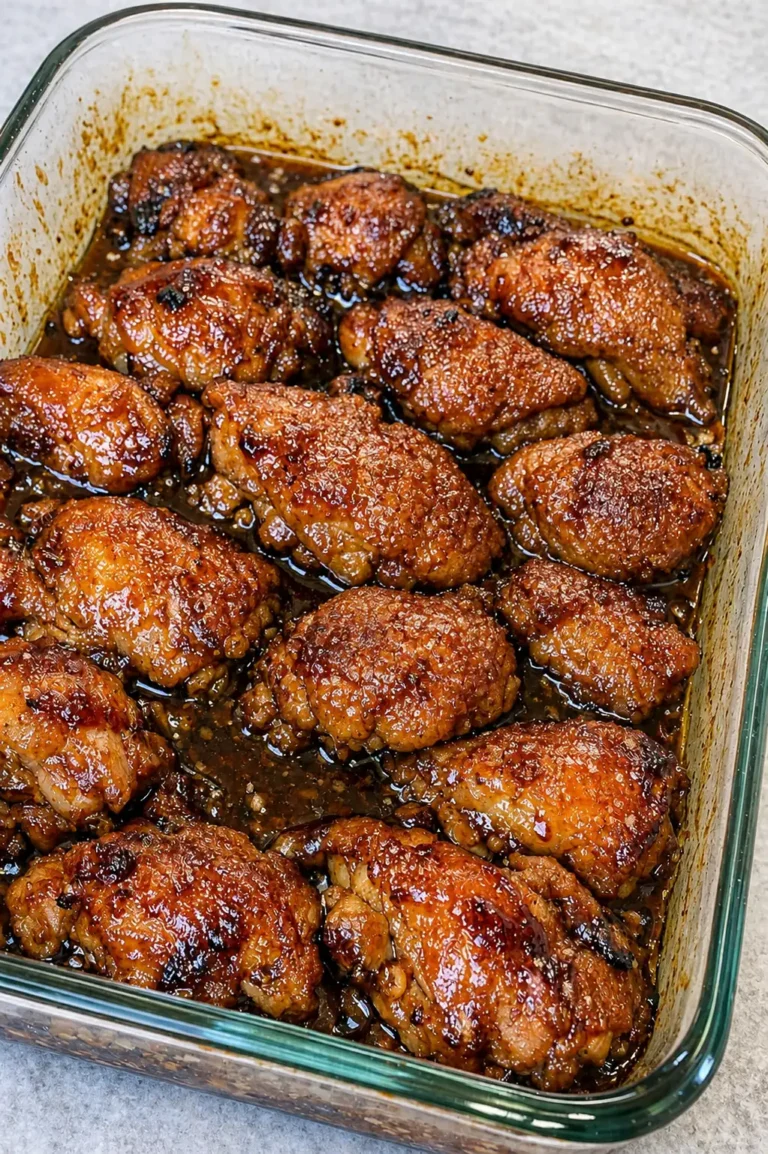 Sticky honey garlic chicken thighs baked in a glass dish with caramelized glaze