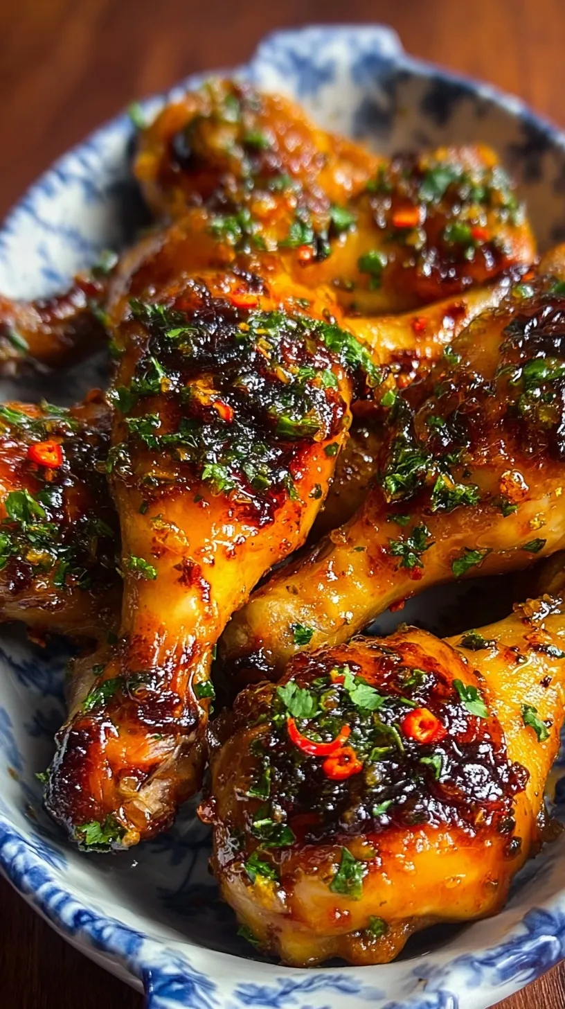 Oven-roasted chicken drumsticks with a shiny orange glaze, sesame seeds, and green onions on a platter.