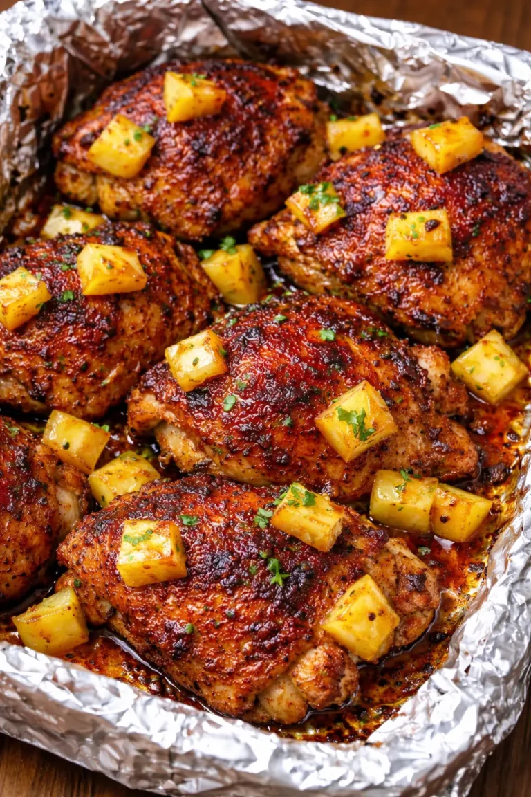 Sticky pineapple chicken thighs baked with caramelized glaze and juicy pineapple chunks.