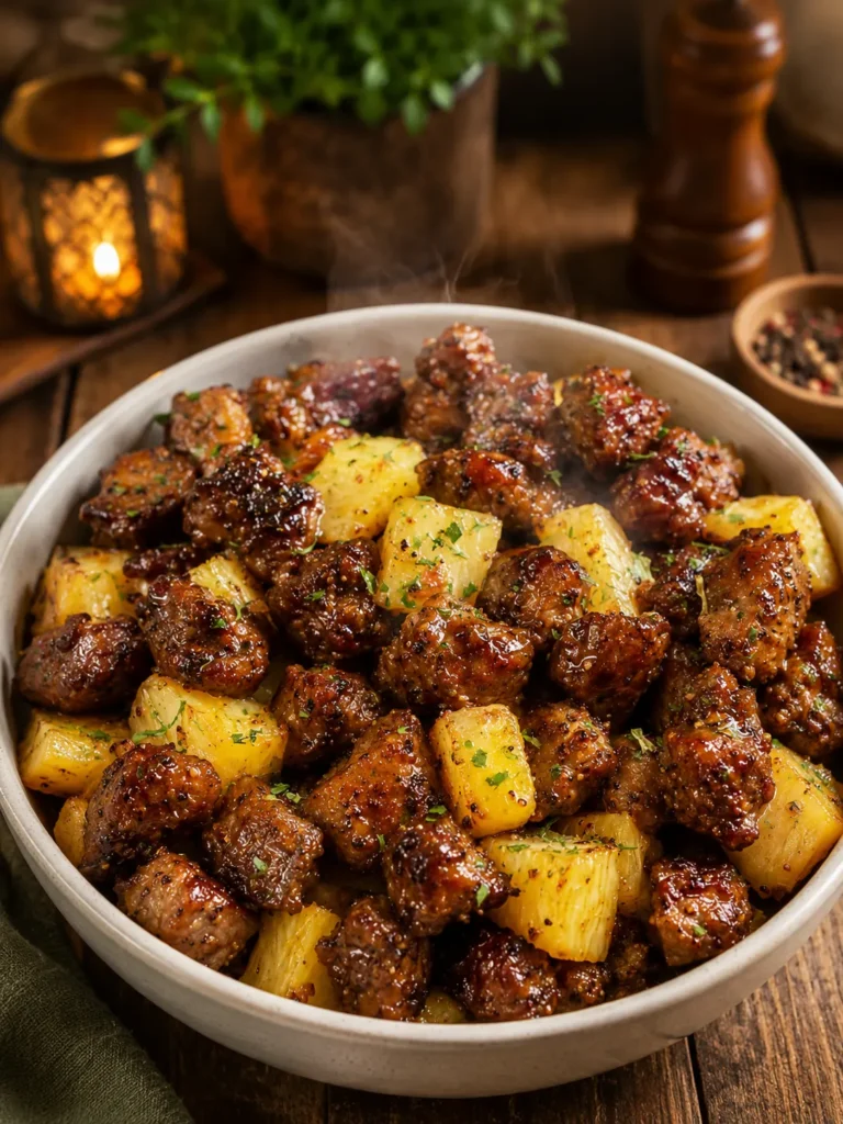 Bowl of pineapple steak bites with caramelized pineapple chunks and glazed beef pieces