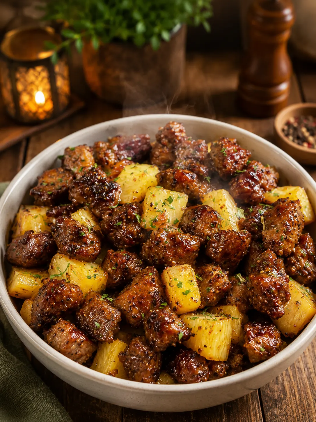 Bowl of pineapple steak bites with caramelized pineapple chunks and glazed beef pieces