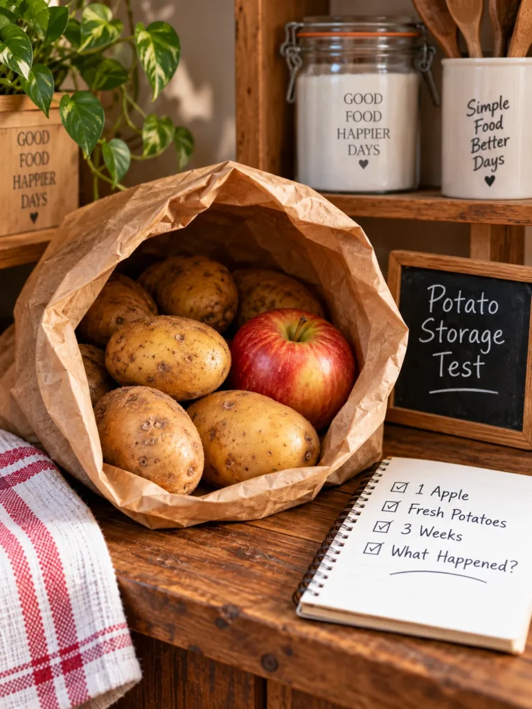 Fresh potatoes stored with an apple in a paper bag for a 3-week potato storage test