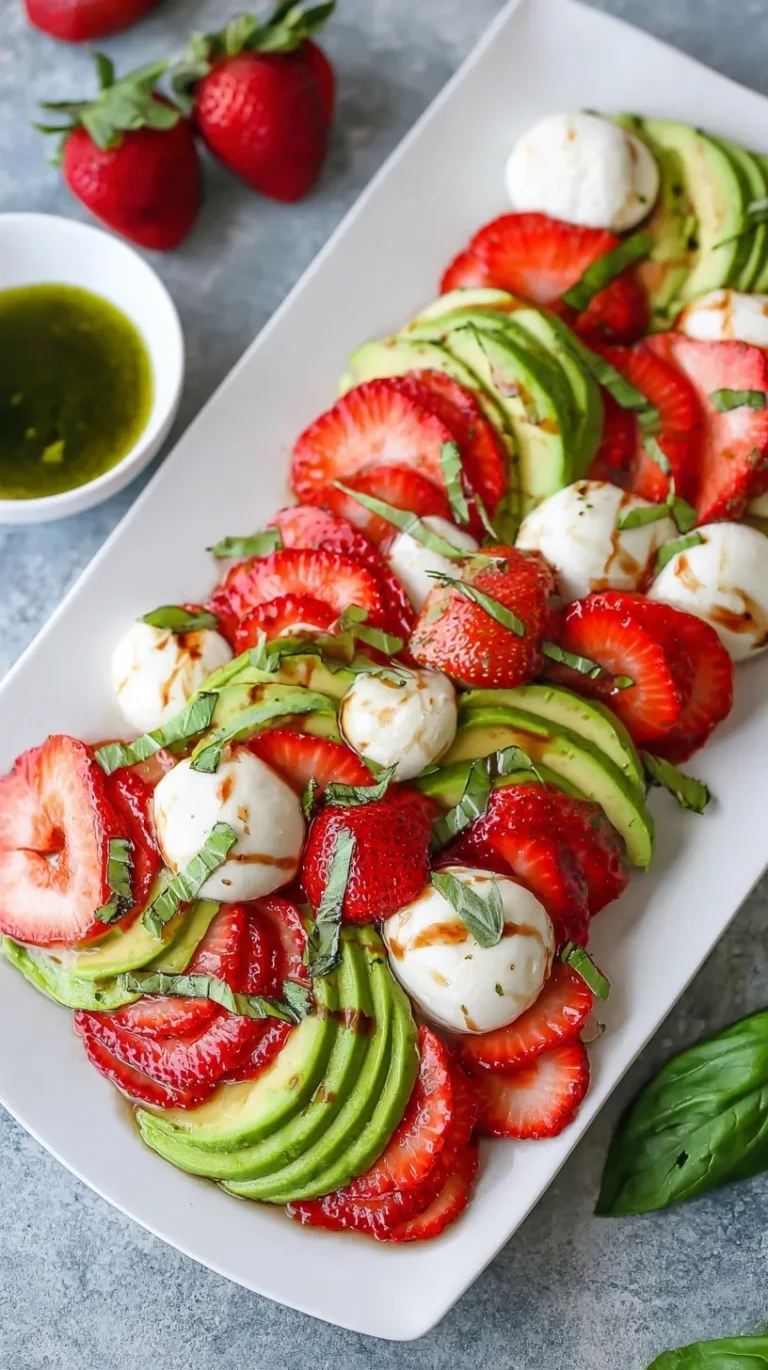 A vibrant Strawberry Avocado Caprese Salad on a white platter with balsamic glaze
