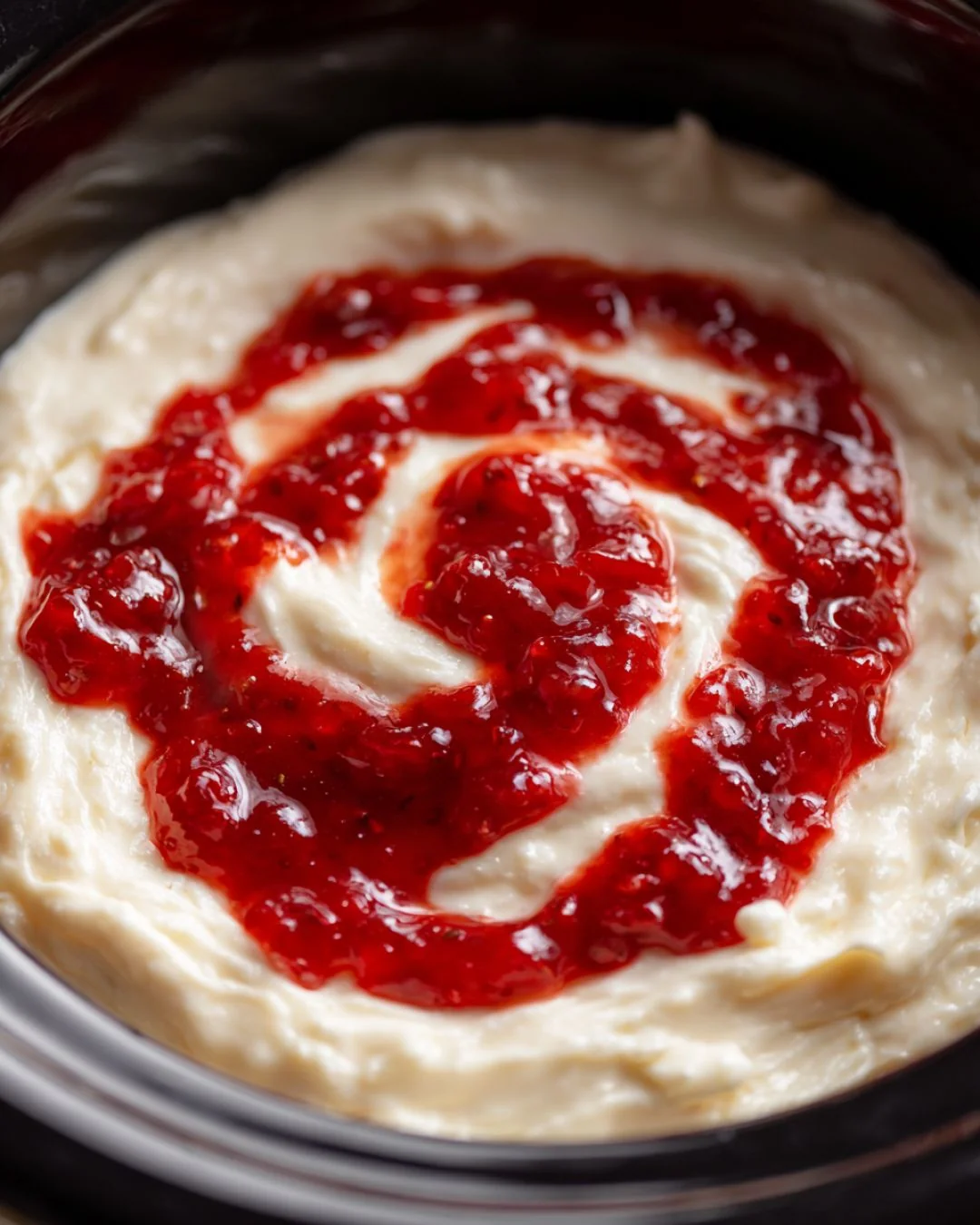 Strawberry jam spooned onto a creamy cheesecake dip base