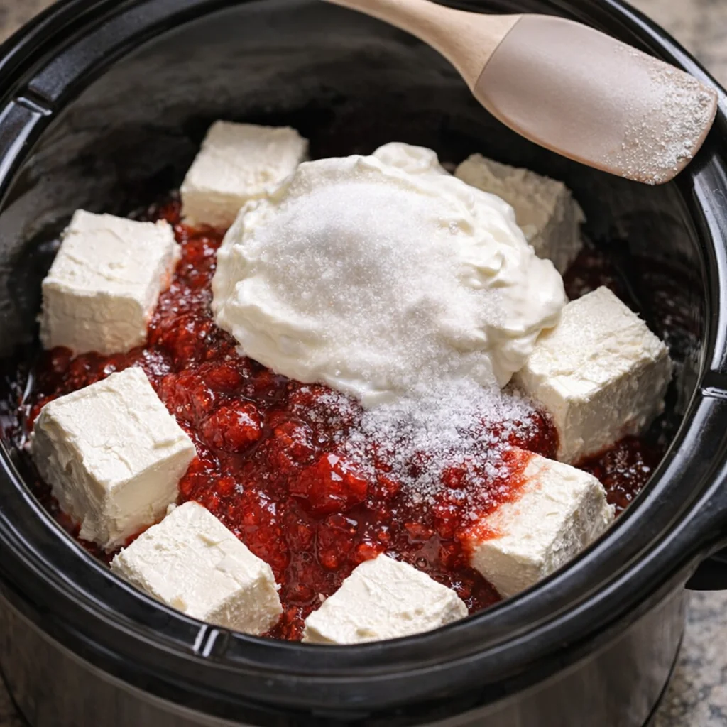 Cream cheese, strawberry jam, sour cream and sugar in the slow cooker