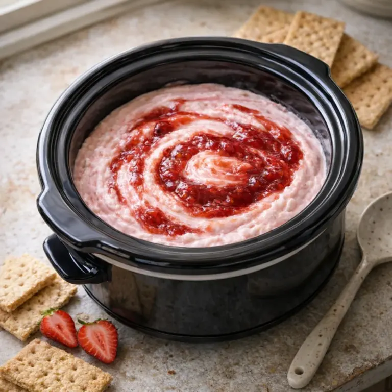 Warm strawberry cheesecake dip in a small slow cooker