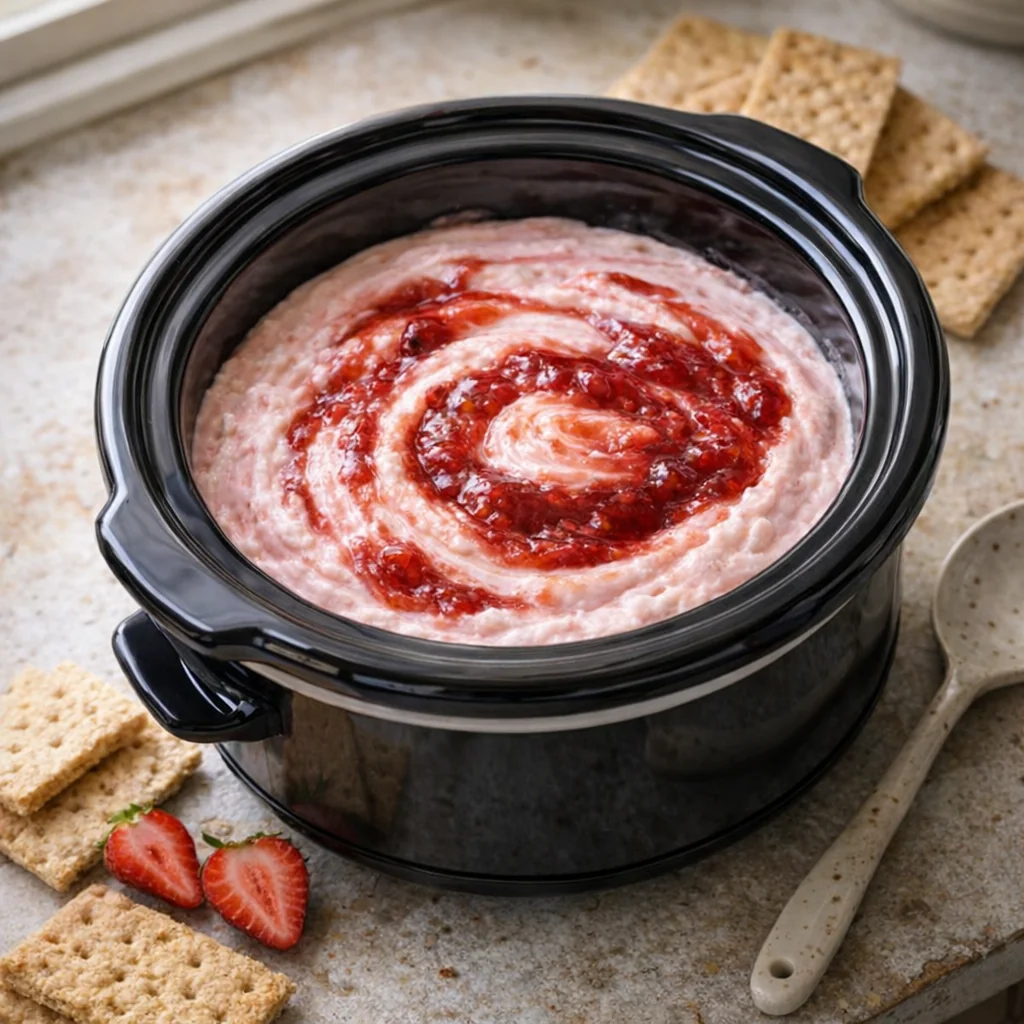 Warm strawberry cheesecake dip in a small slow cooker