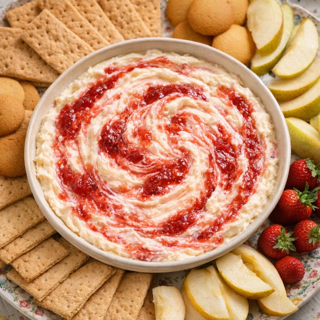 Strawberry cheesecake dip surrounded by graham crackers, cookies and fruit