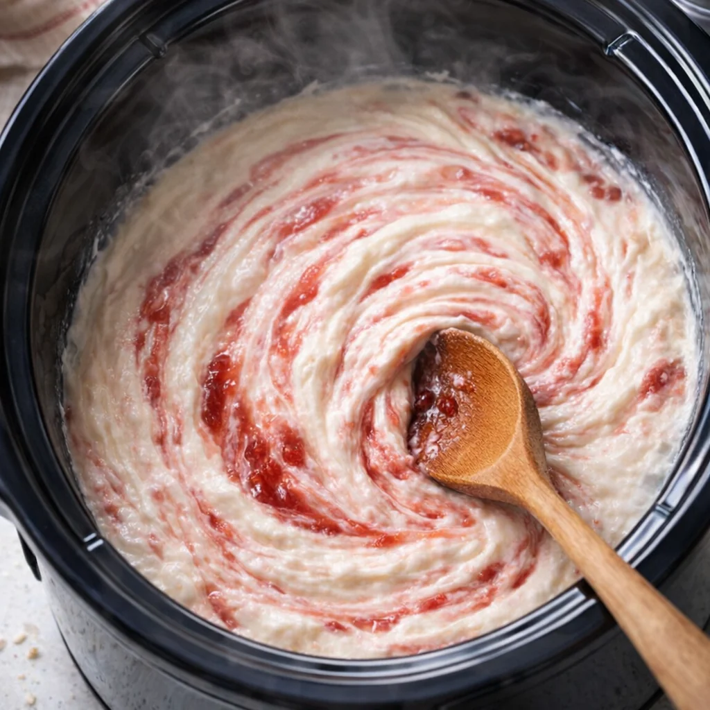 Warm strawberry cheesecake dip stirred with a wooden spoon