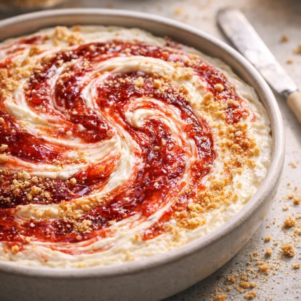A serving dish of cheesecake dip with strawberry swirls and cracker crumbs