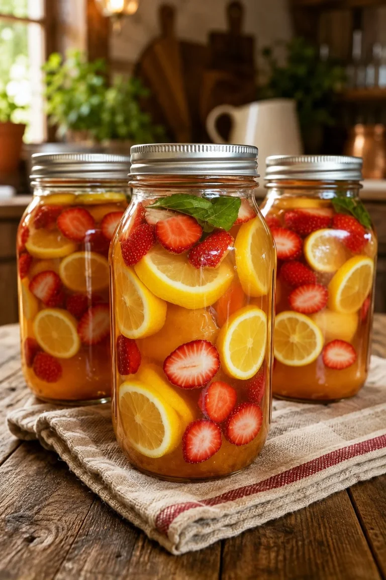 Glass of strawberry citrus iced tea garnished with fresh strawberries and citrus slices