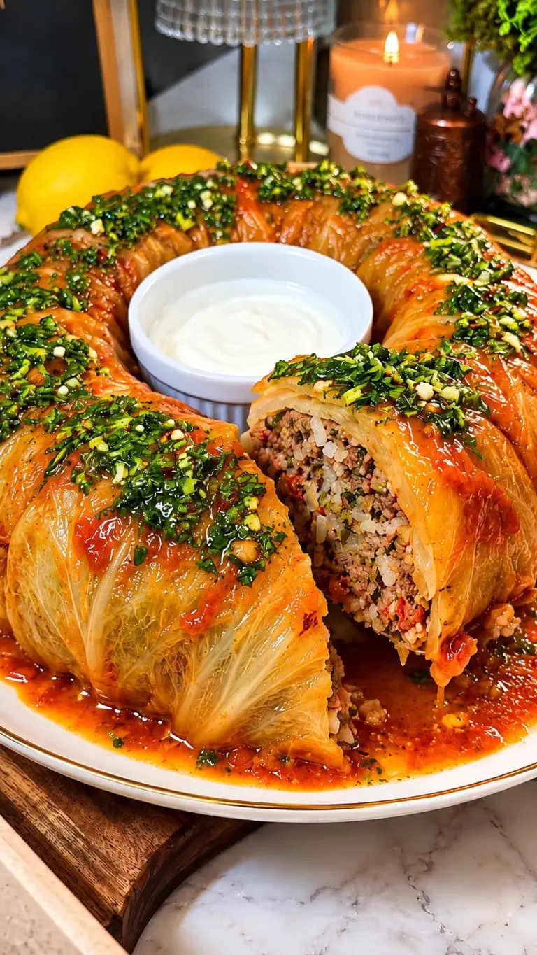 Stuffed cabbage ring with beef and rice served on a plate