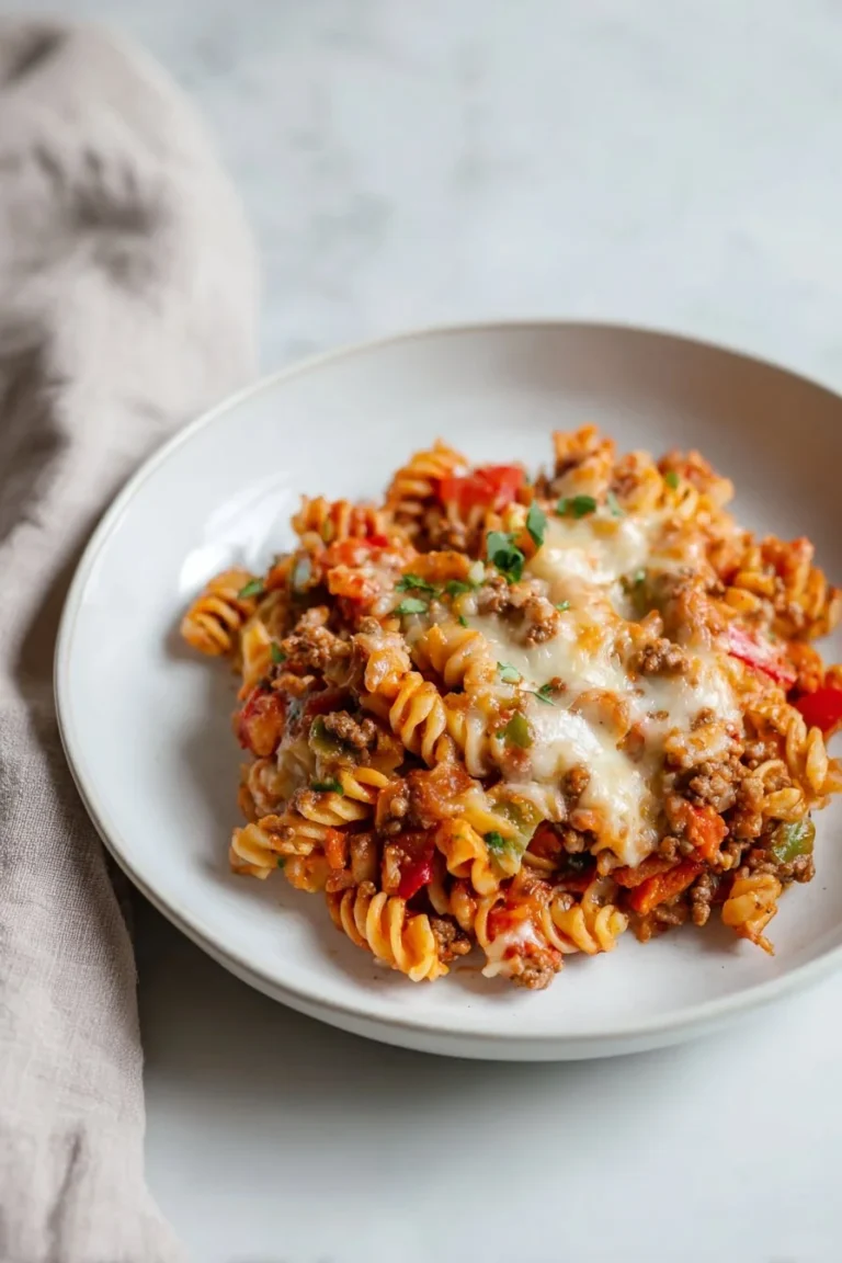 Delicious stuffed pepper pasta casserole in a baking dish