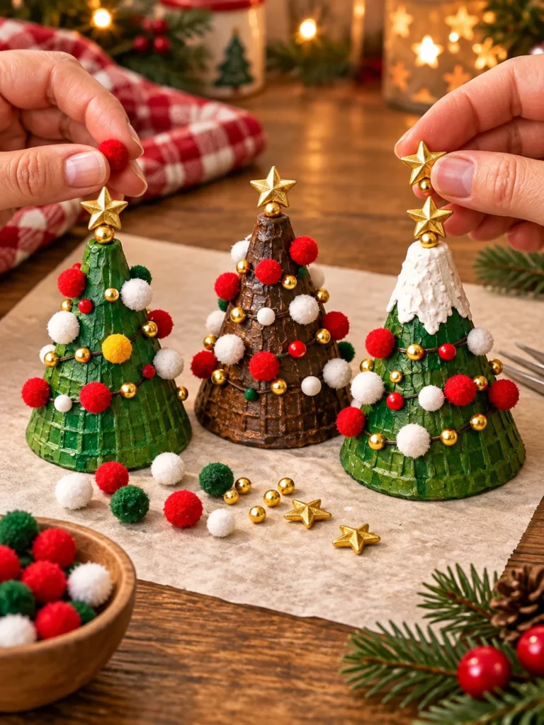 Sugar cone Christmas trees painted green, brown, and snowy white with mini ornaments