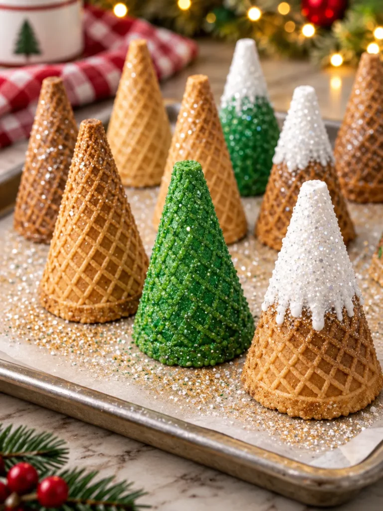 Sugar cone Christmas trees painted green, brown, and snowy white with mini ornaments