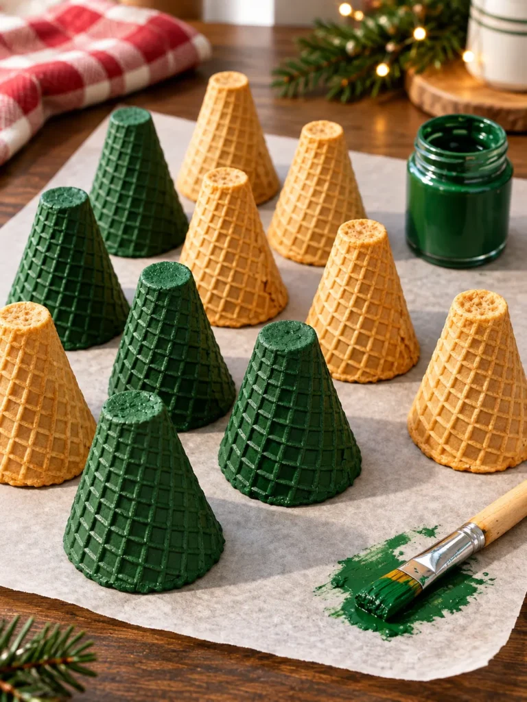 Sugar cone Christmas trees painted green, brown, and snowy white with mini ornaments