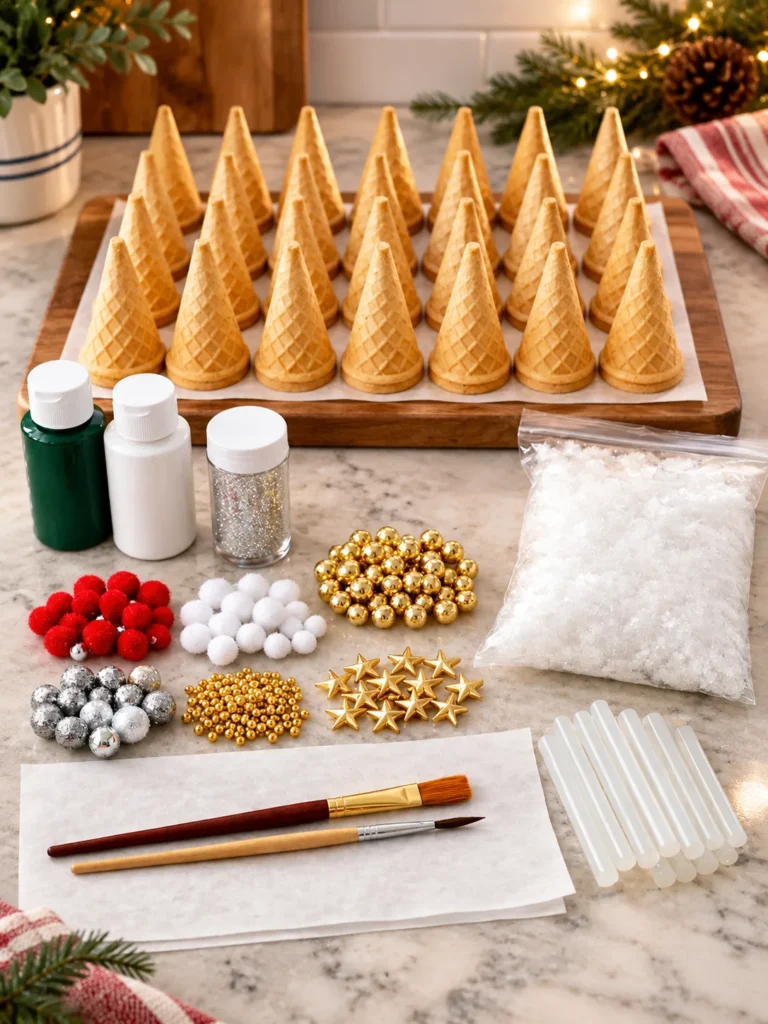 Sugar cone Christmas trees painted green, brown, and snowy white with mini ornaments