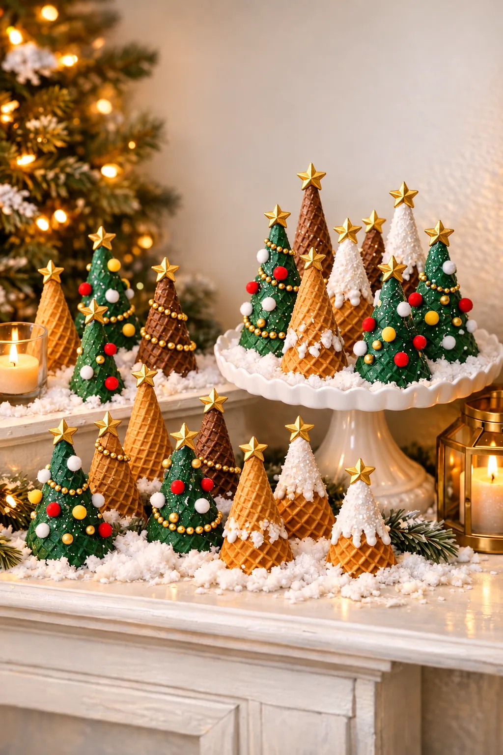 Sugar cone Christmas trees painted green, brown, and snowy white with mini ornaments