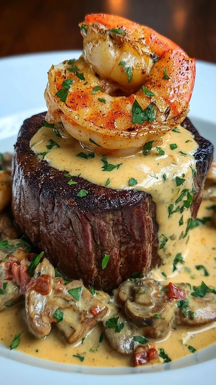 Pan-seared filet mignon topped with Cajun shrimp and cream sauce in a skillet