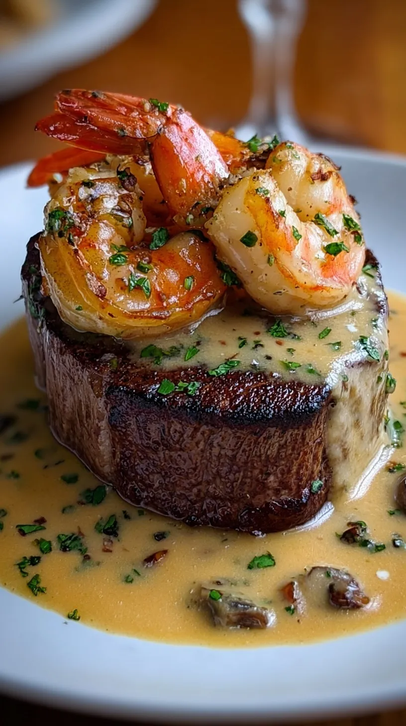 A perfectly seared filet mignon topped with garlic shrimp and a creamy pan sauce.