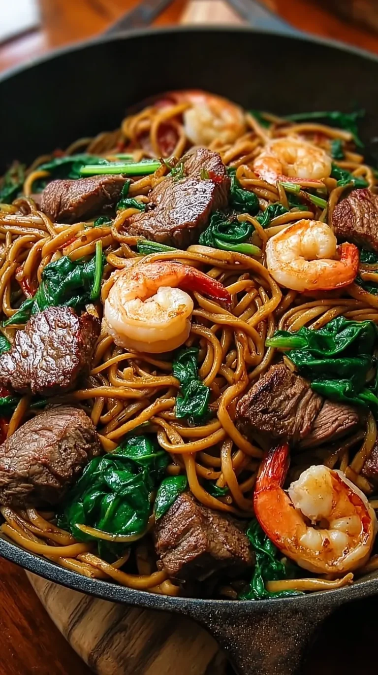 A pan of garlic noodles with seared beef slices and pink shrimp garnished with green onions.