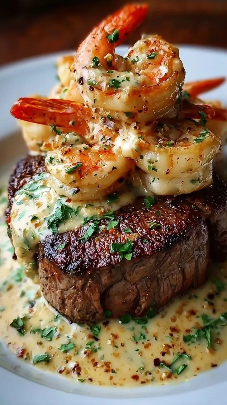 Pan-seared ribeye steak topped with creamy garlic shrimp and fresh parsley in a cast iron skillet.