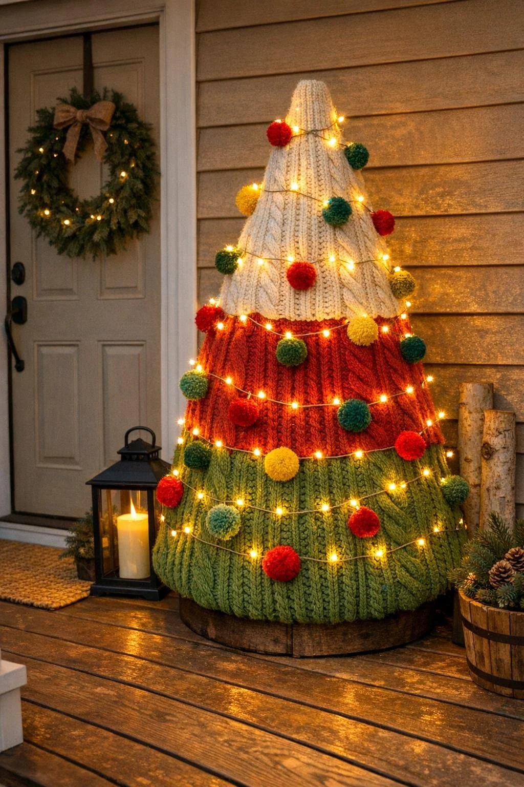 A finished sweater-covered Christmas tree beside a front door