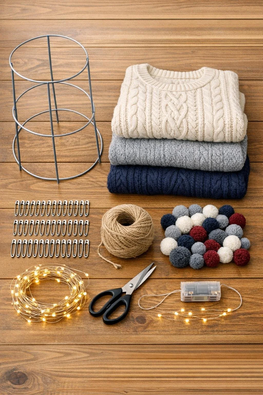 Sweaters, tomato cage, pom-poms and supplies arranged for the project