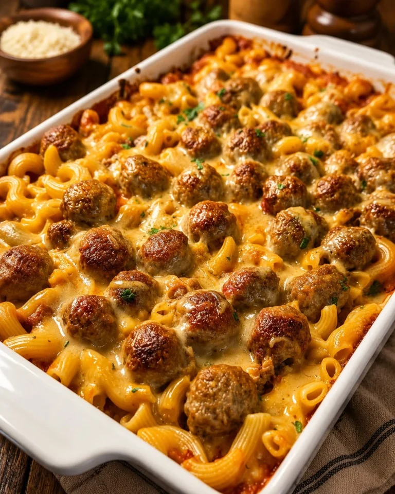 Baked Swedish meatball casserole with noodles, cheese, and herbs