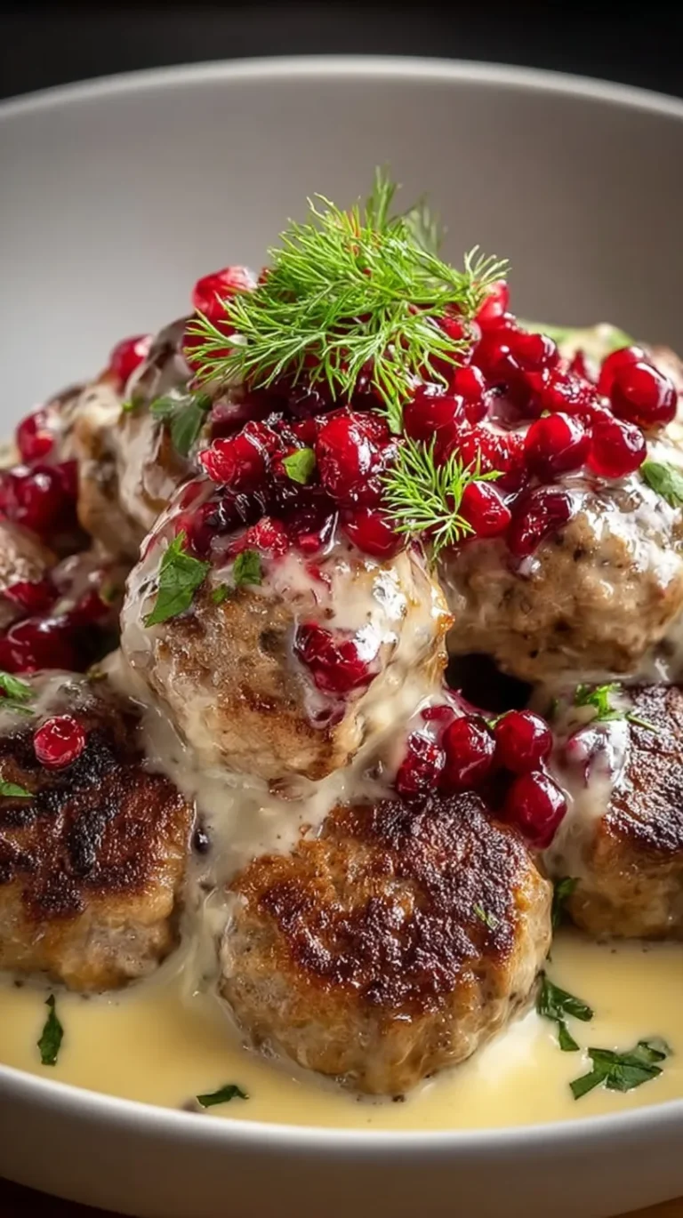 A skillet of browned Swedish meatballs coated in a rich cream sauce with a side of red lingonberry jam.