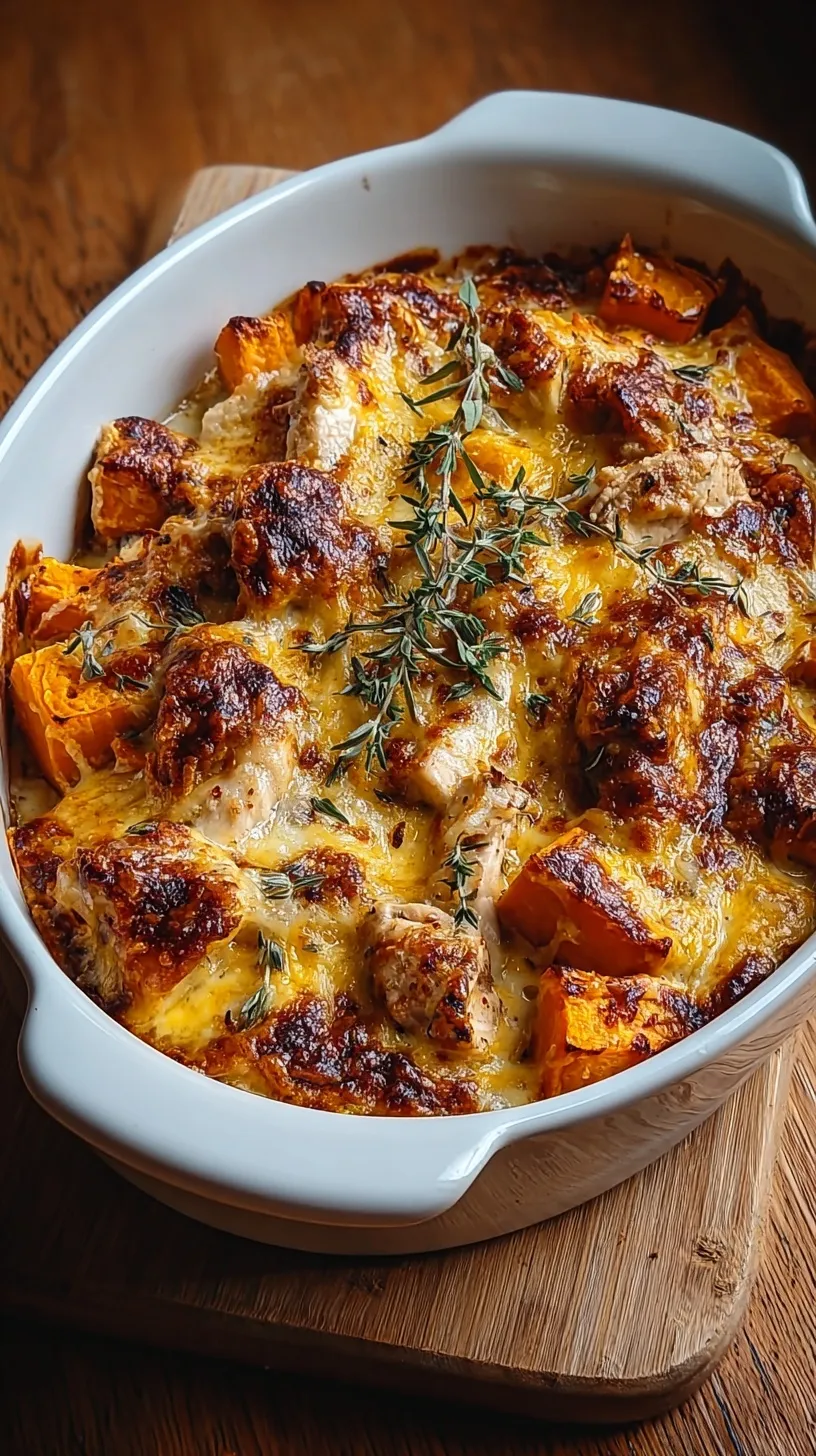 A golden brown sweet potato gratin in a ceramic baking dish with melted cheddar cheese and fresh chives.