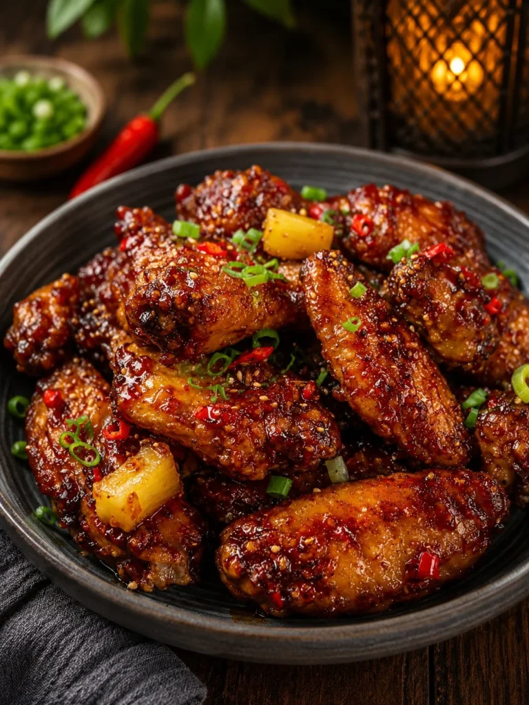 Delicious sweet and spicy pineapple chicken wings garnished with fresh herbs