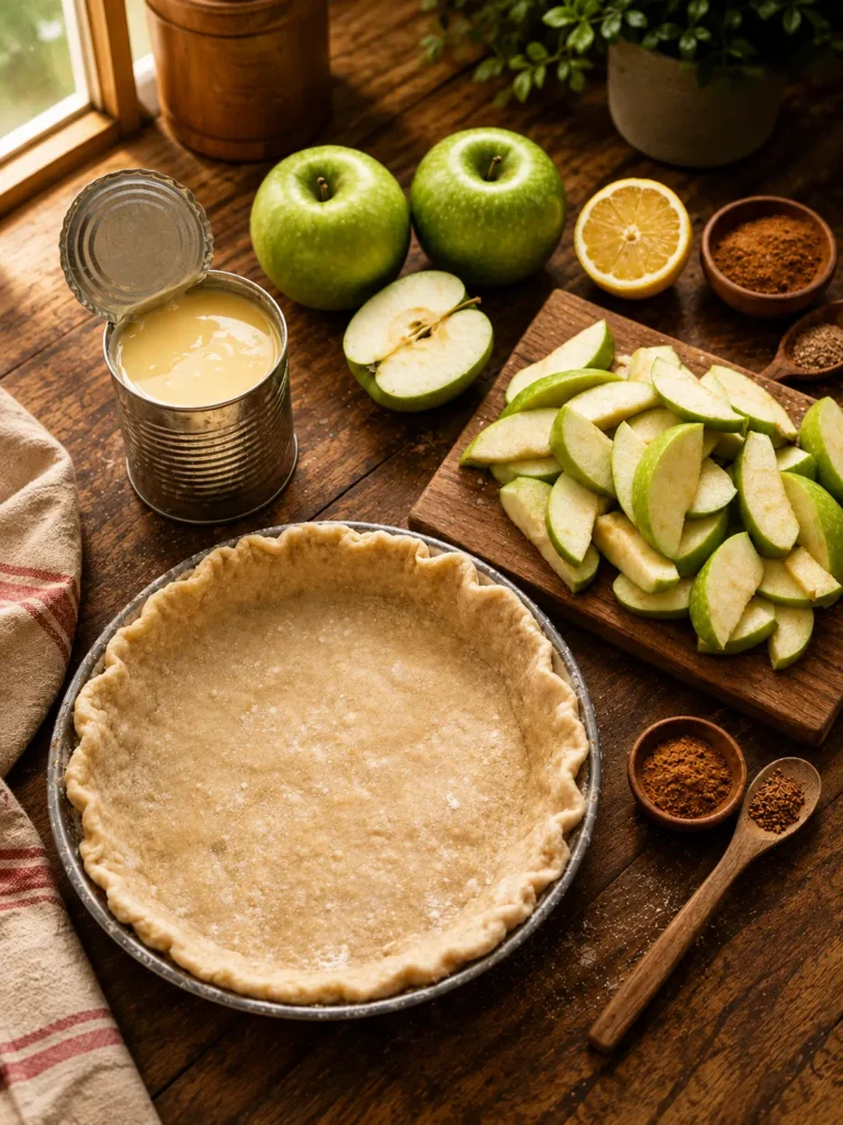 Homemade apple pie with creamy caramelized sweetened condensed milk filling and tender sliced apples in a golden crust