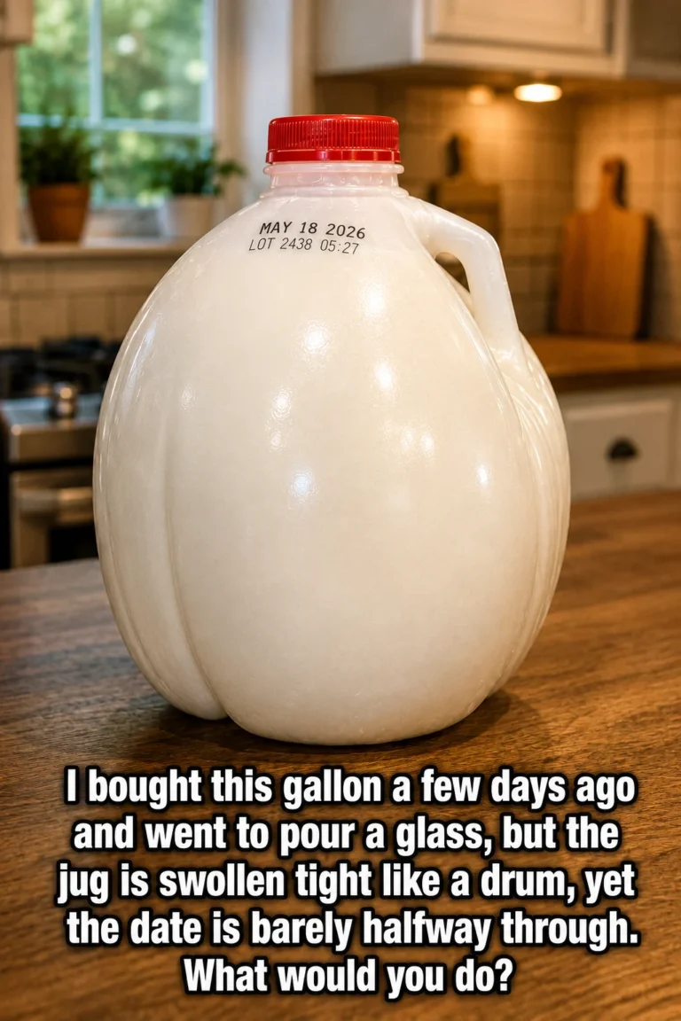 Swollen gallon of milk with a bloated plastic container in a refrigerator