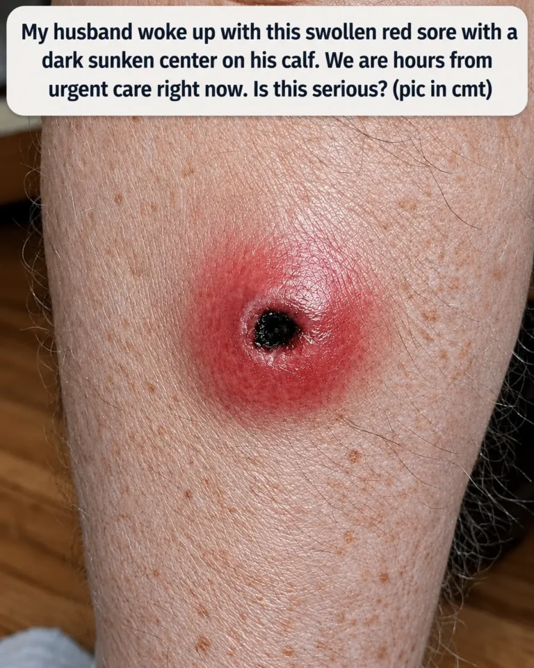 Adult calf showing a swollen red skin sore with a dark central area requiring medical assessment